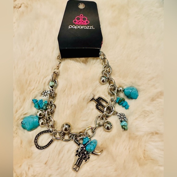 paparazzi Jewelry - Paparazzi Silver and Blue Charm Bracelet with horseshoe, bull, cactus, ect. NEW!